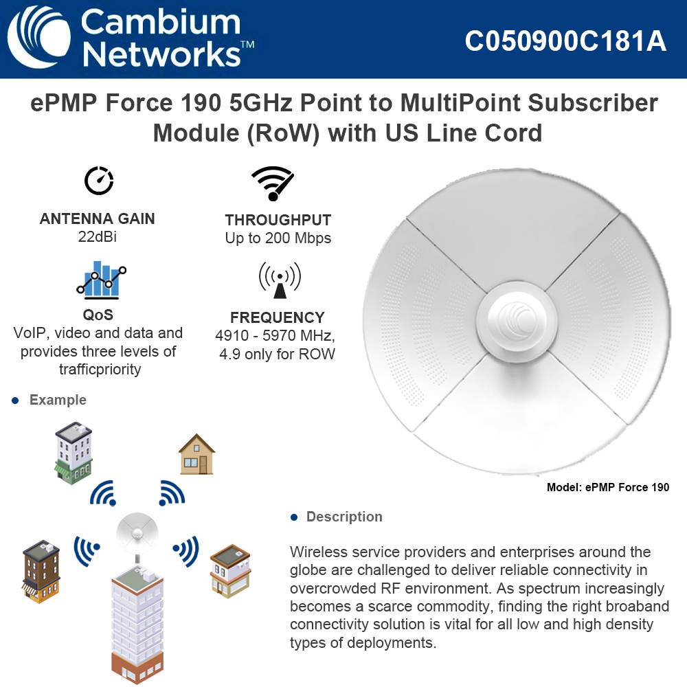 Cambium Networks ePMP Force 190 5GHz Point to MultiPoint, Subscriber Module, Rest Of World (RoW) With US Power Cord (US Cord) - C050900C181A