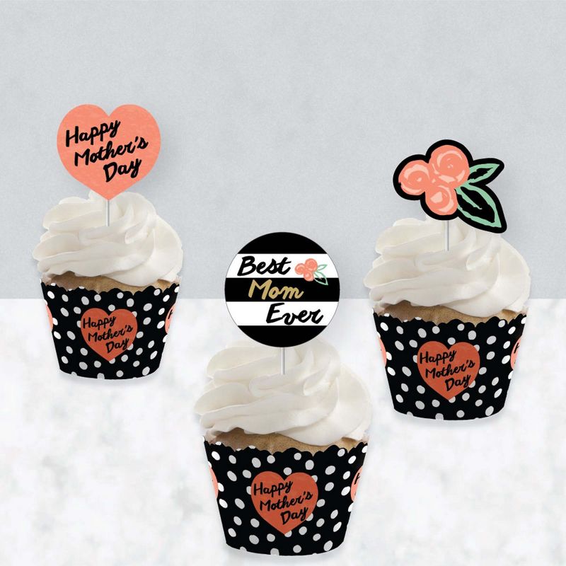 Big Dot of Happiness Best Mom Ever - Cupcake Decoration - Mother's Day Party Cupcake Wrappers and Treat Picks Kit - Set of 24