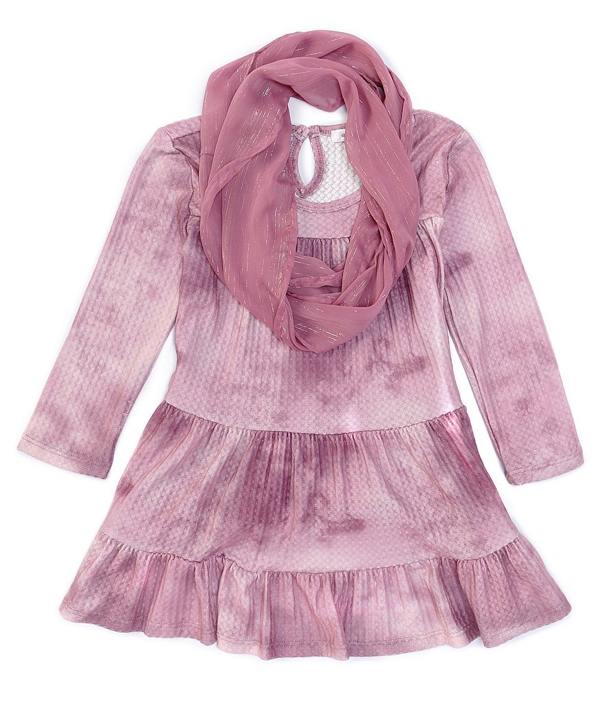 Ally B Big Girls 7-16 Long-Sleeve Tie-Dyed Ruffle Tiered Babydoll Top With Scarf