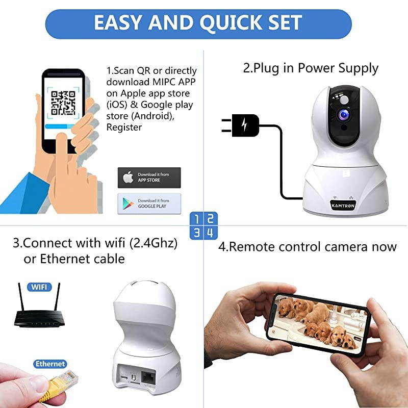 Security Camera 1536P Pet Camera -  WiFi Wireless Home Camera Full HD 3MP IP Video Surveillance System with IR Night Vision, Motion Detection and Two-Way Audio - Cloud Storage, White