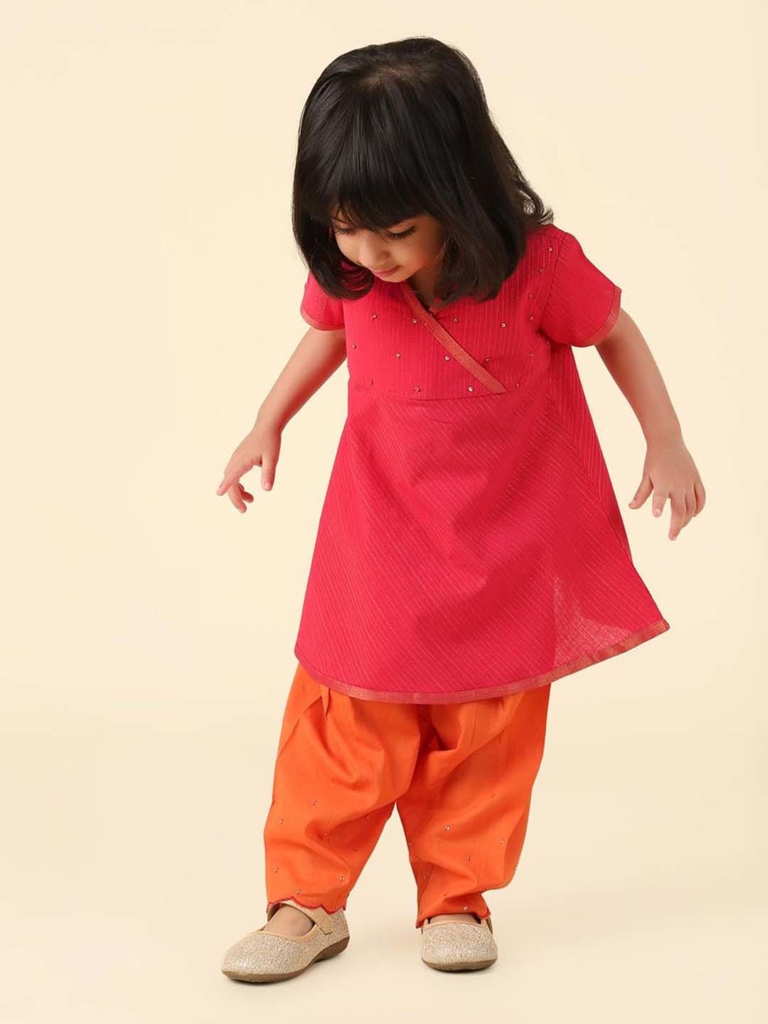 Fabindia Kids Pink & Orange Embellished Kurti & Salwar