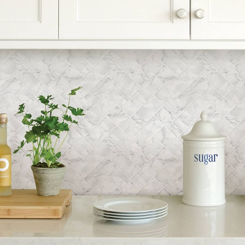 Brewster Herringbone Carrara Peel & Stick Wallpaper Backsplash White