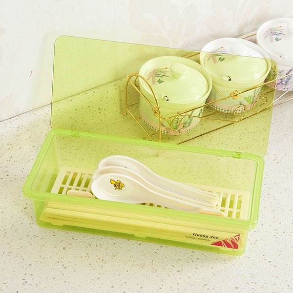 Multifunctional Plastic Kitchen Tableware Chopsticks Spoon Fork Storage Box With Cover Drop Water -Pink
