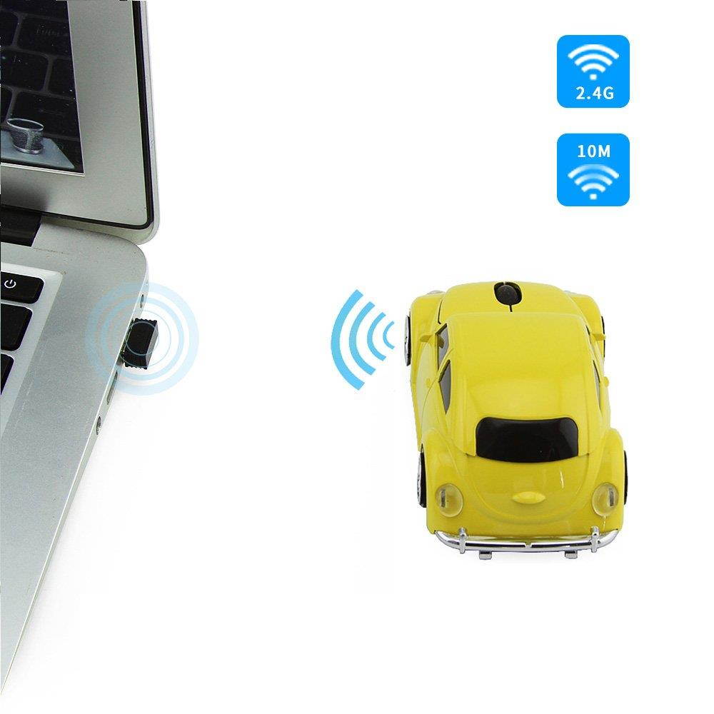 Usbkingdom 2.4GHz Wireless Mouse Cool 3D Sport Car Shape Ergonomic Optical Cordless Mice with USB Receiver for PC Laptop Computer Notebook 1600DPI Yellow