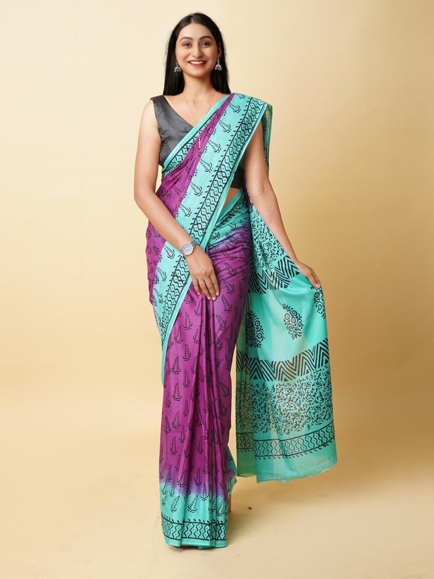 Unnati Silks Purple & Green Cotton Printed Saree With Unstitched Blouse