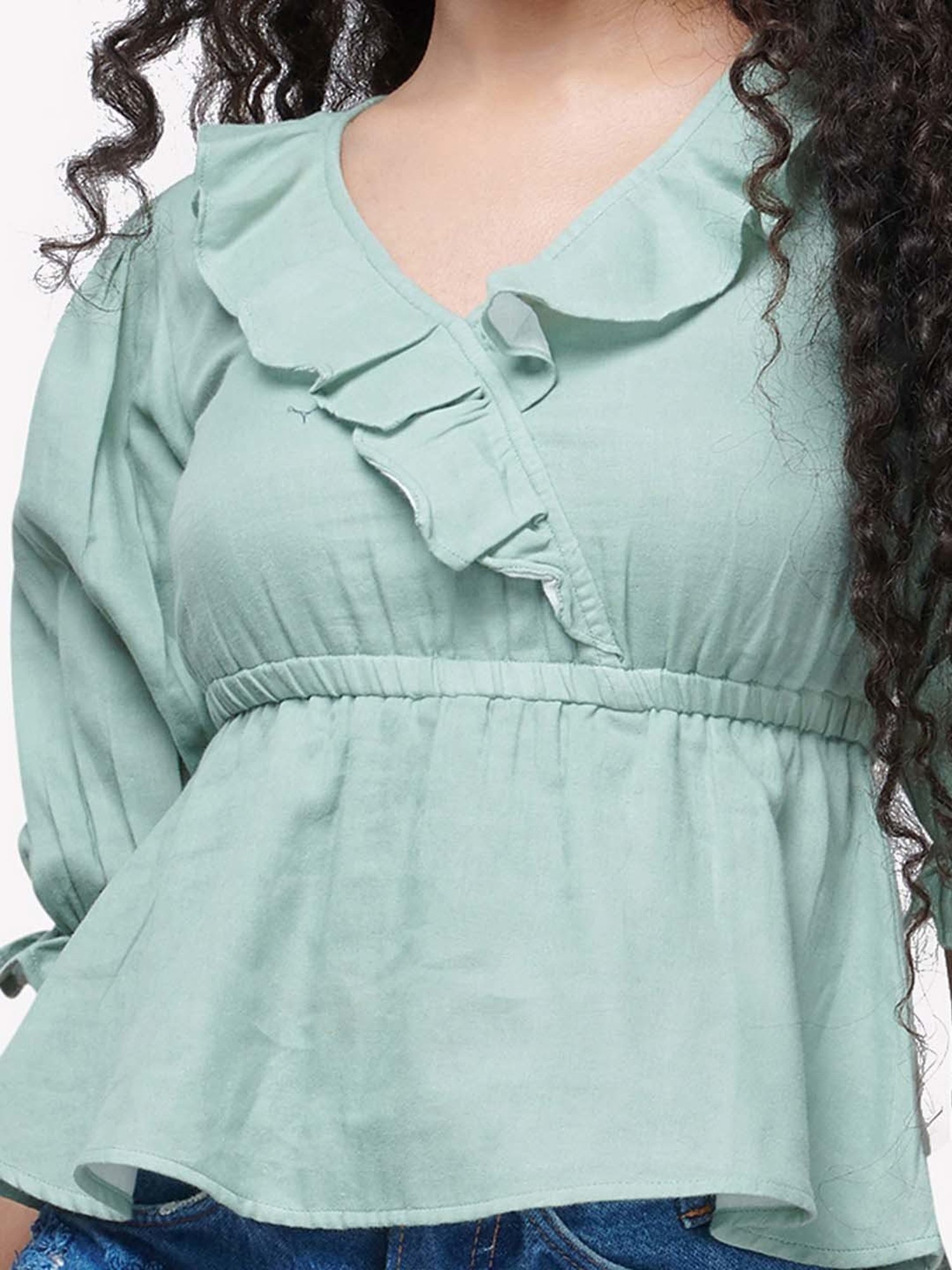 VASTRADO Green Cotton V Neck Top