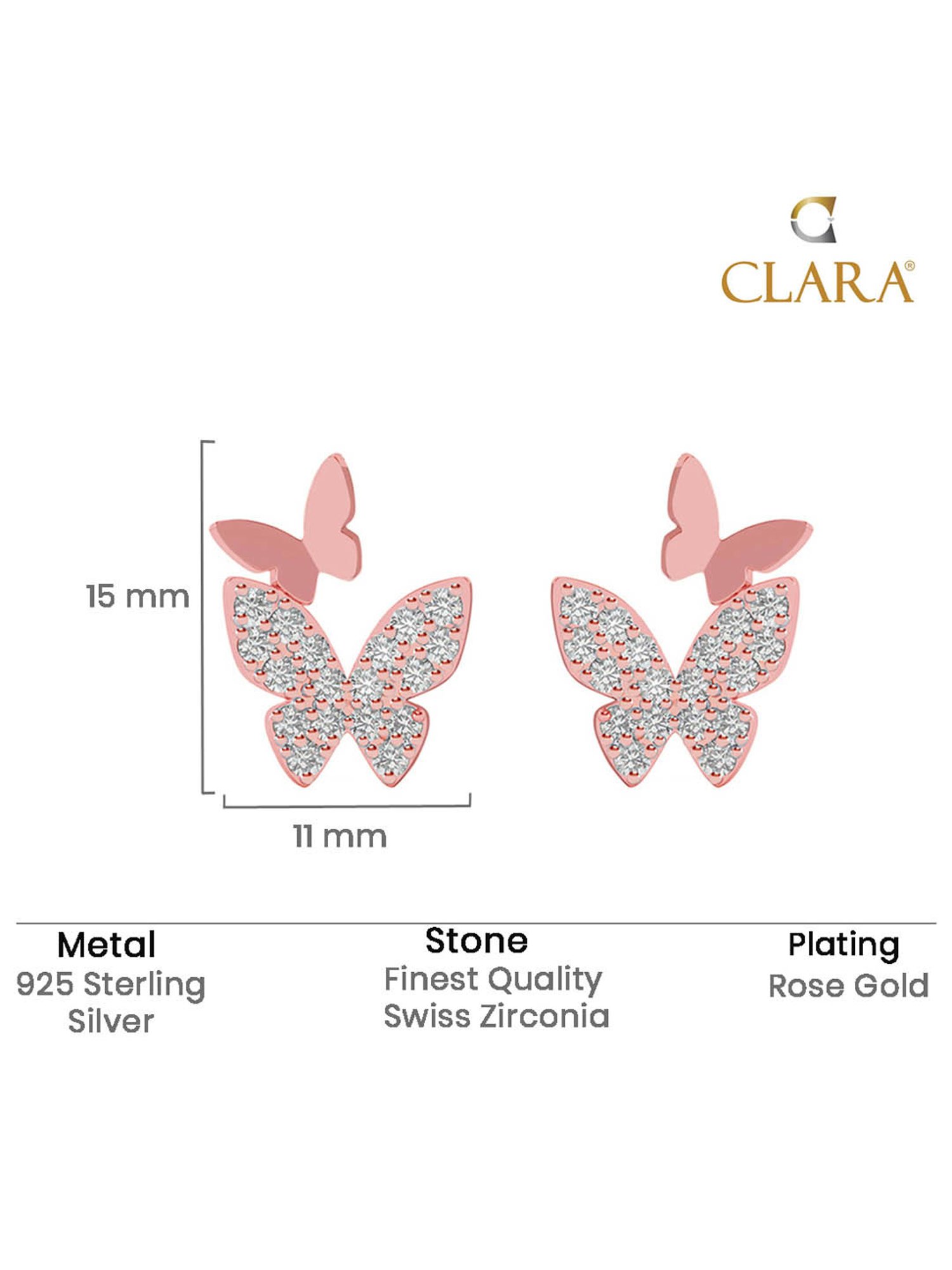 Clara 925 Silver Rose Gold Plated Swiss Zirconia Fairy Butterfly Earrings Gift for Women