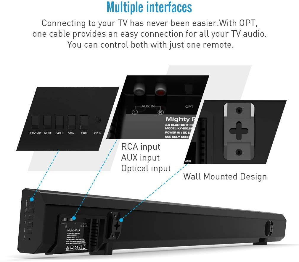 Meidong KY2018 Bluetooth Soundbar Wired and Wireless Bluetooth Surround Sound for TV Sounds Bar Includes Optical Cable, RCA Cable and Remote Control (30 in, Black)