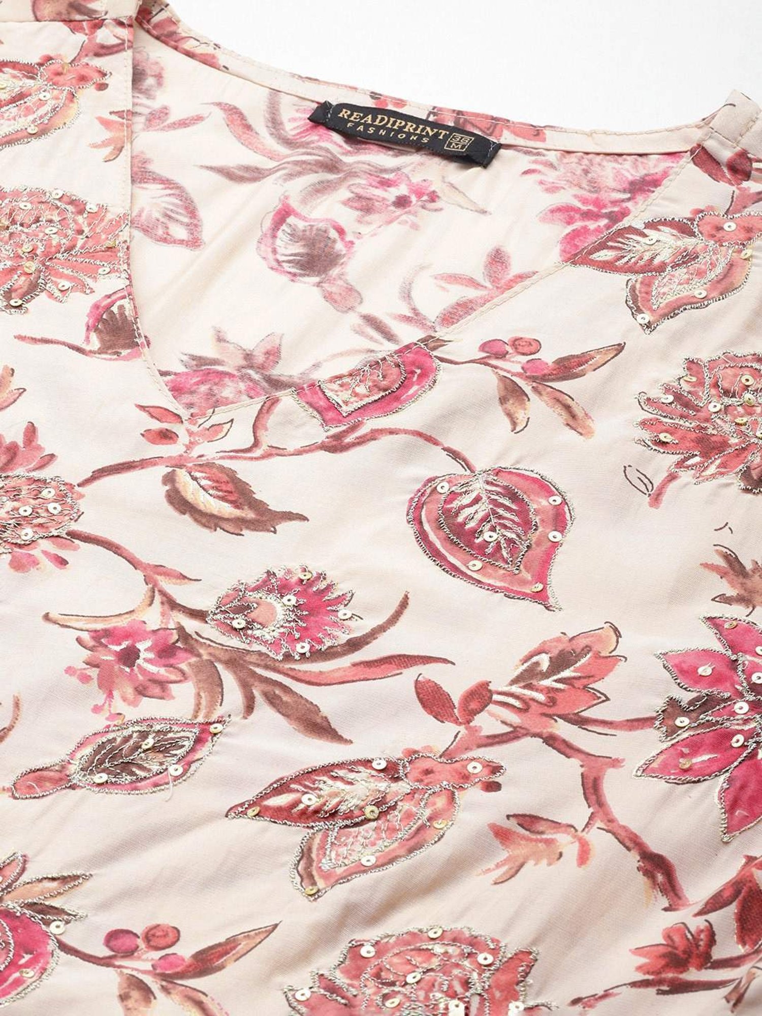 READIPRINT FASHIONS Beige & Pink Floral Print Kurti Sharara Set With Dupatta