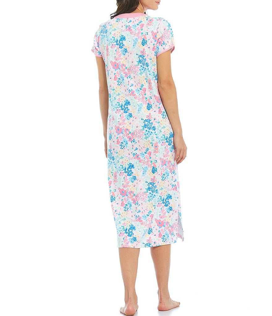 Miss Elaine Petite Floral Print Interlock Knit Long Zip Front Robe