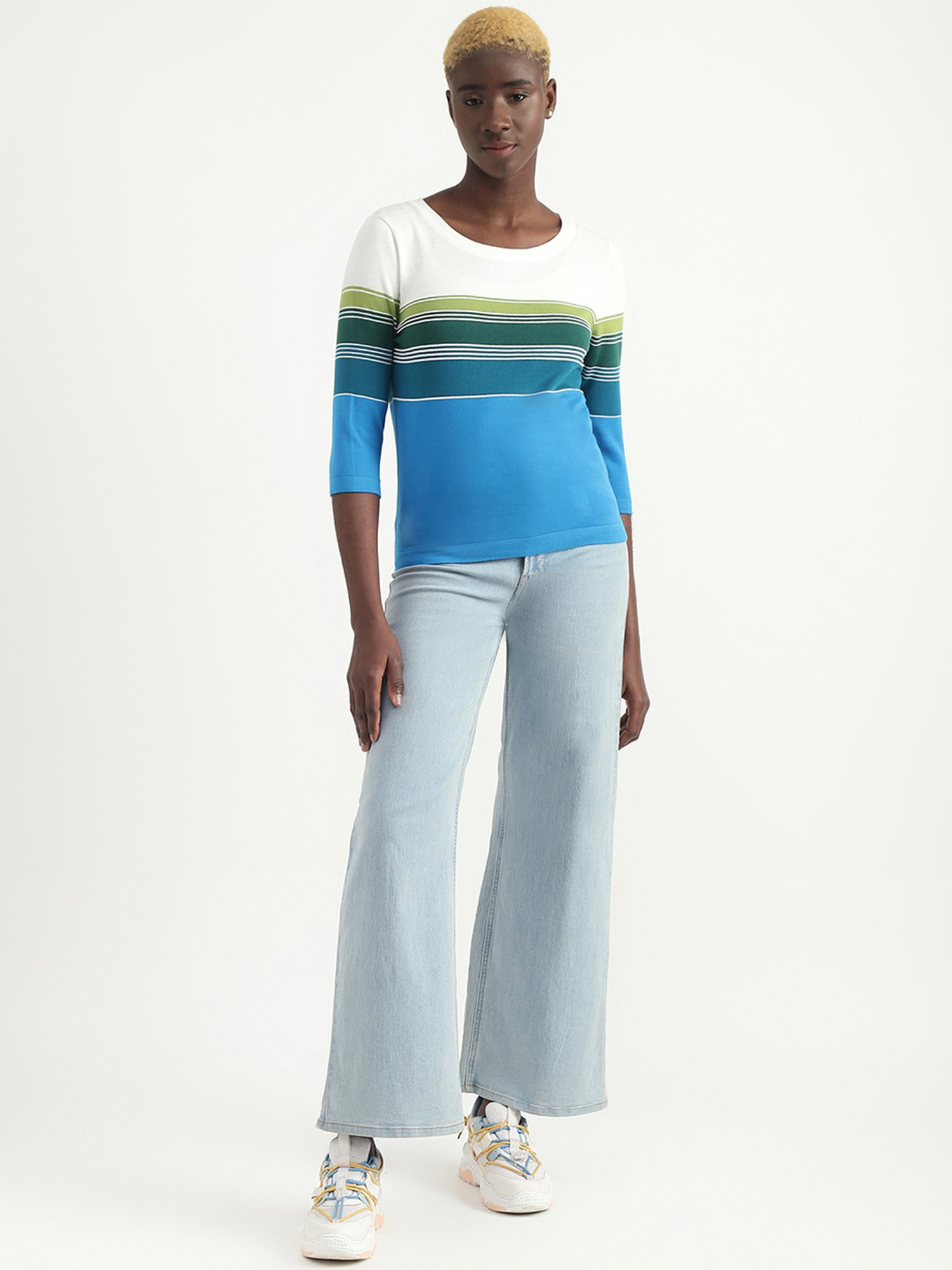 United Colors of Benetton White & Blue Cotton Striped Top