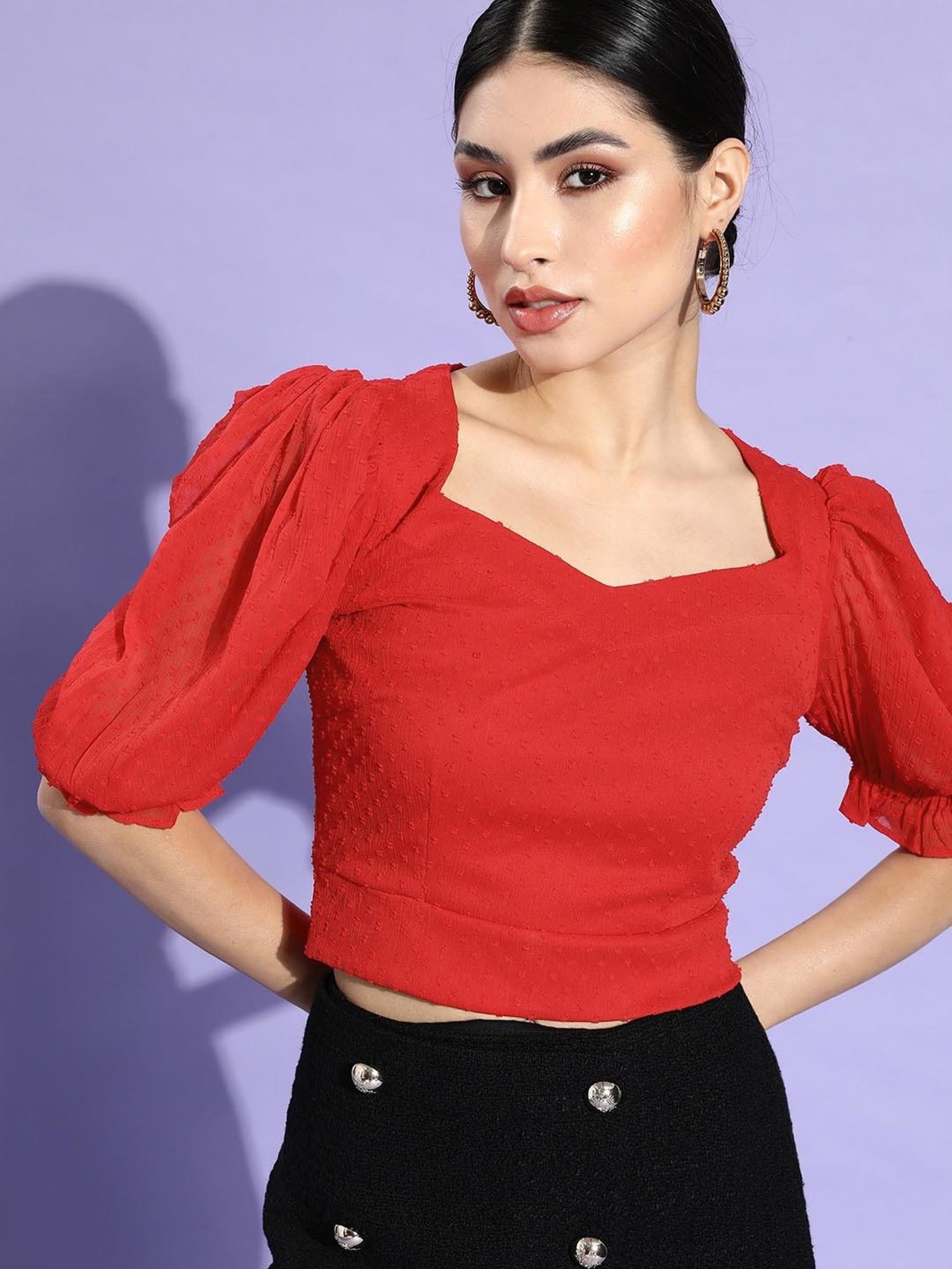 Melon by PlusS Red Self Design Crop Top