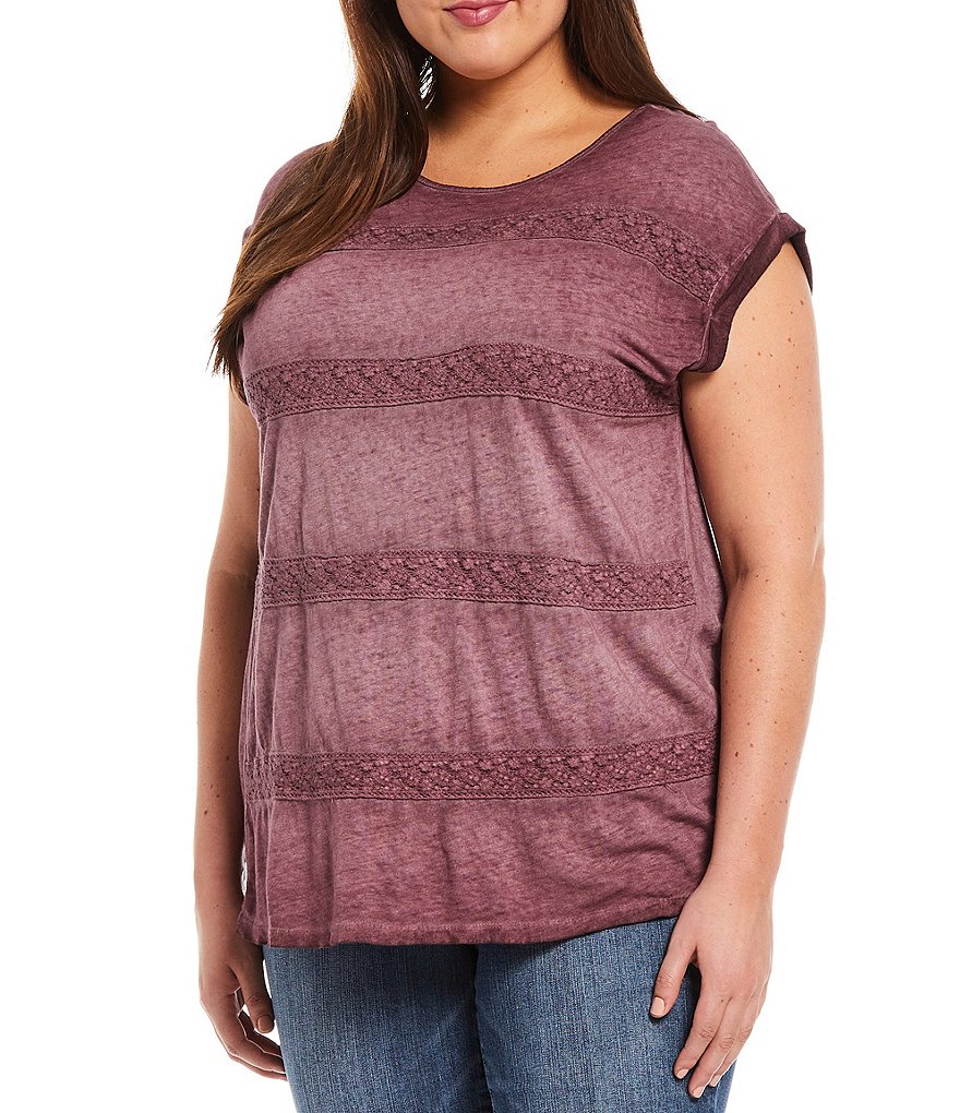 Democracy Plus Size Crochet Stripe Washed Knit Jewel Neck Cap Sleeve Top