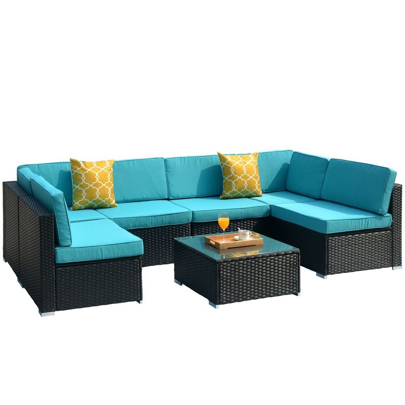 7pc Rattan Wicker Patio Sectional Sofa Set with Cushions & Pillows - Art Leon