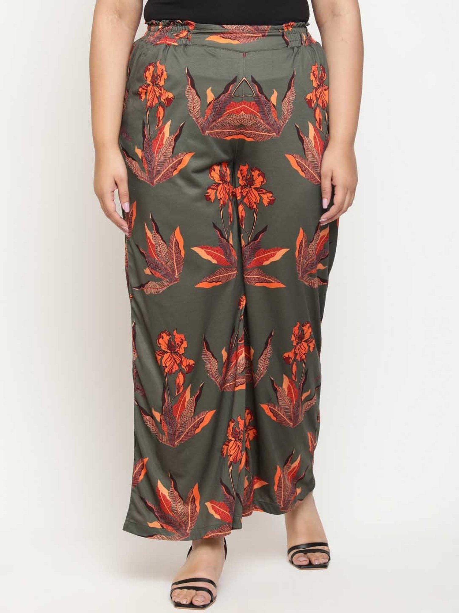 Amydus Olive Printed Flared Fit High Rise Pants