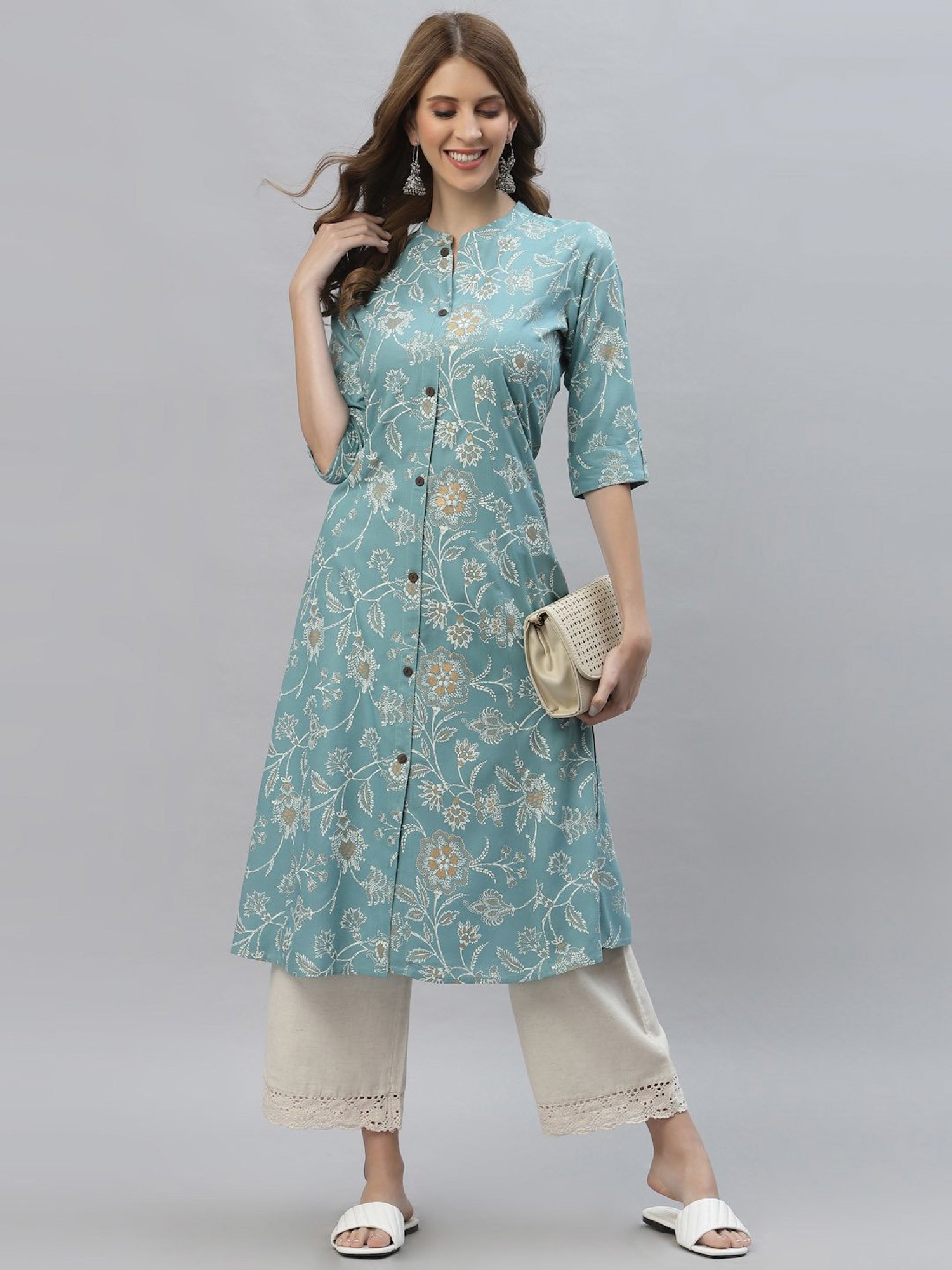Stylum Blue Floral Print A-Line Kurta