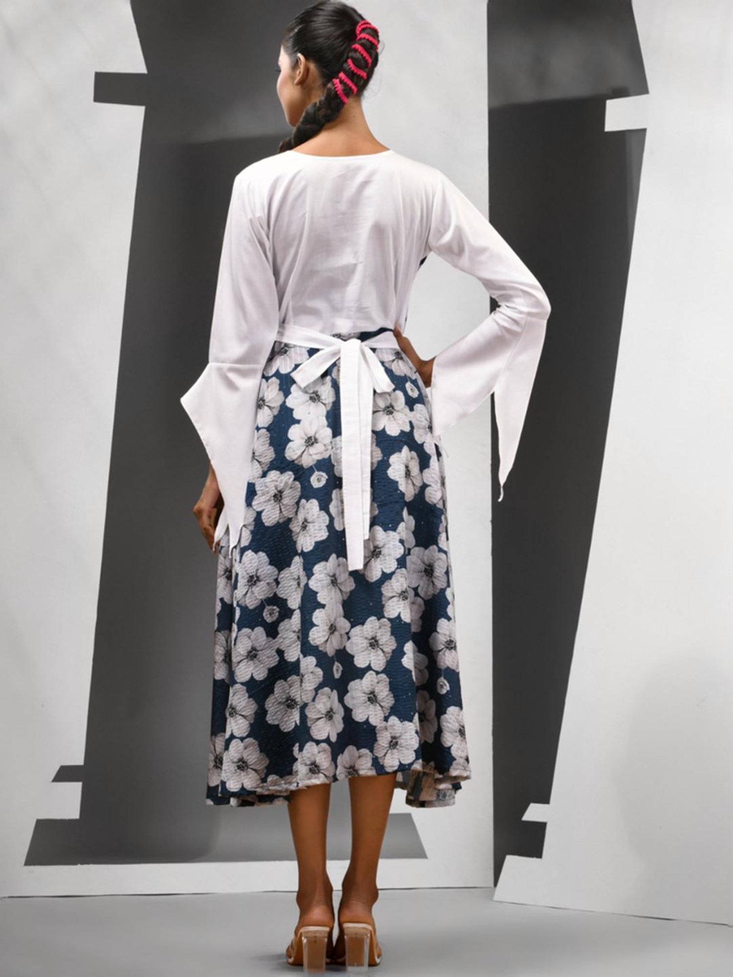 Charukriti Aegean Blue & White Floral Print A-Line Dress