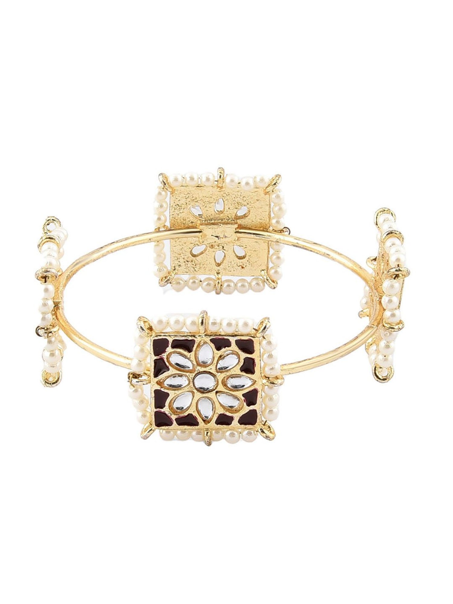 Fida Maroon Enamelled Kundan Beads Gold-Plated Square Bangles for Women - Set of 2
