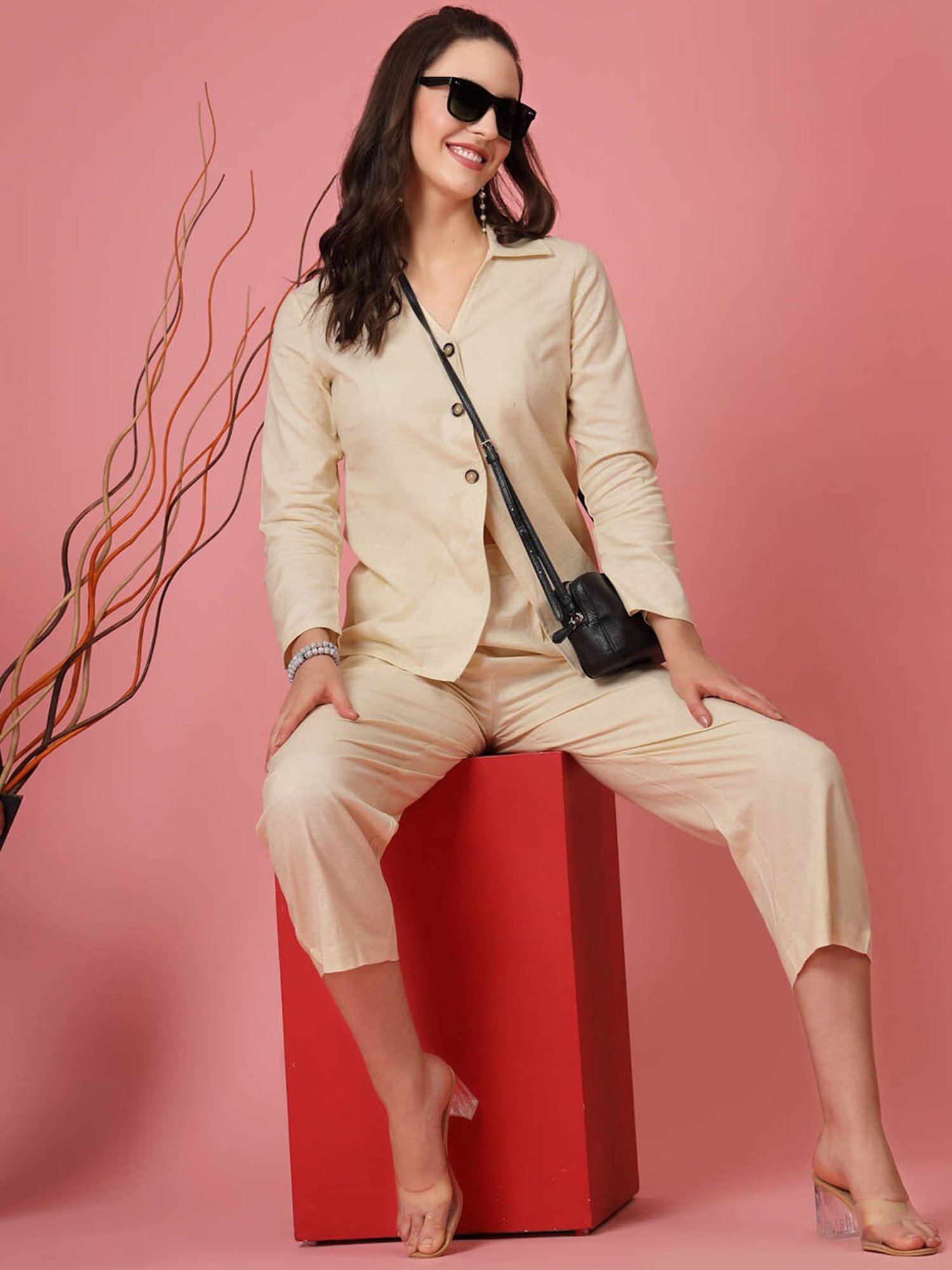 Melon by PlusS Beige Cotton Shirt With Trousers