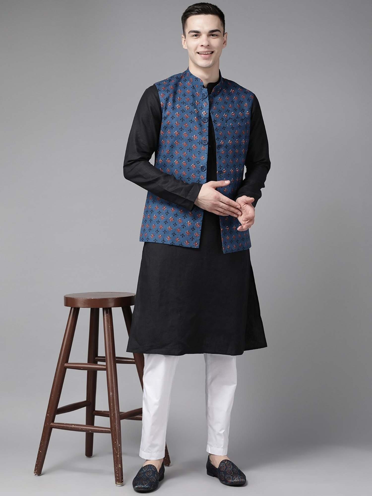 See Designs Blue Cotton Regular Fit Printed Nehru Jacket