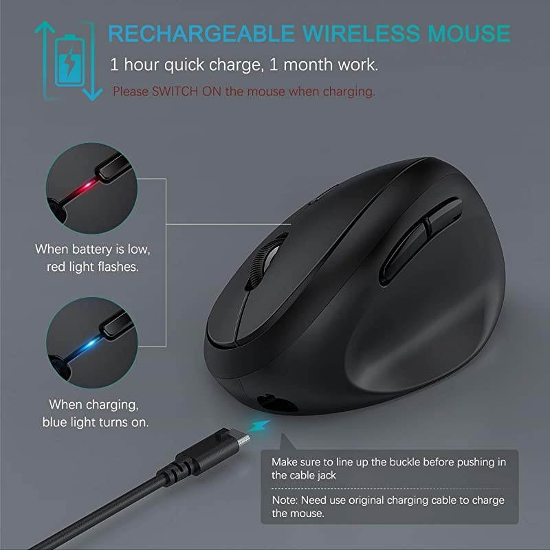 Vertical Wireless Mouse,  Ergonomic Mouse Reduces Wrist Strain, Easy Switch Between 3 Computers with Bluetooth, USB or Type C Connection, Rechargeable - MV09D (Black)
