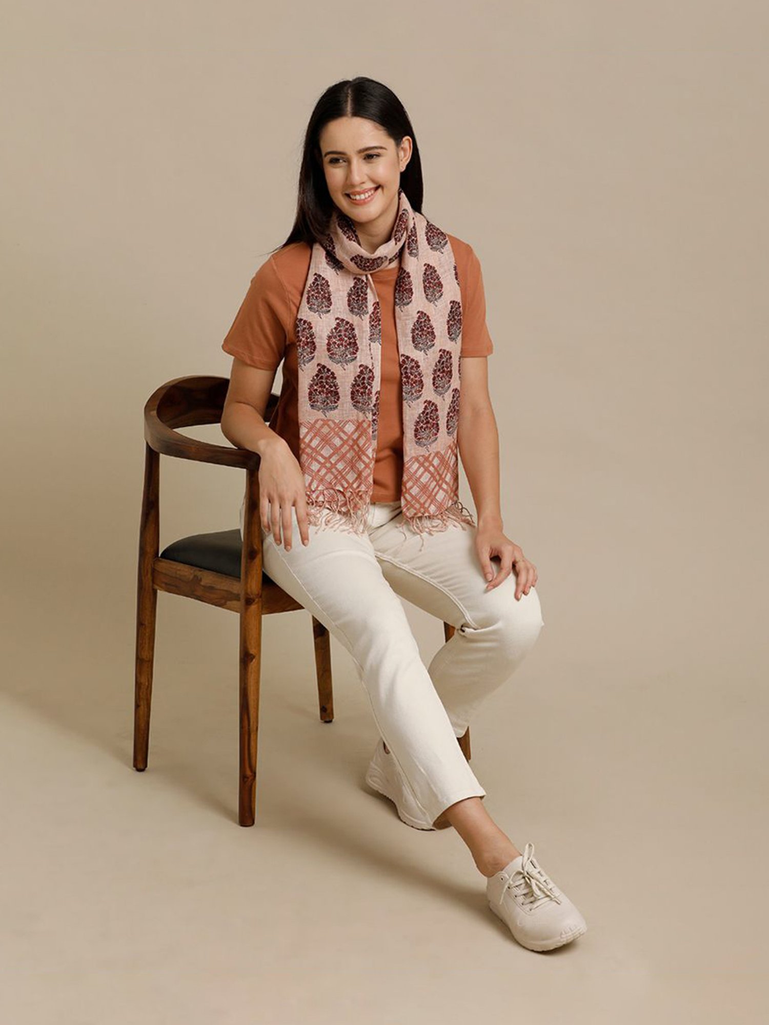 Linen Club Brown Printed Pure Linen Stole