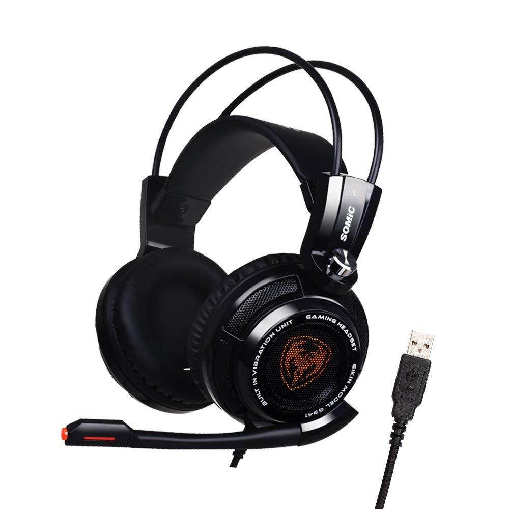 SOMIC G941 Gaming Headset For PS4, PC and Laptop, 7.1 Virtual Surround Sound USB Lightweight Over Ear Headphone with Mic,Volume Control,LED(Black)