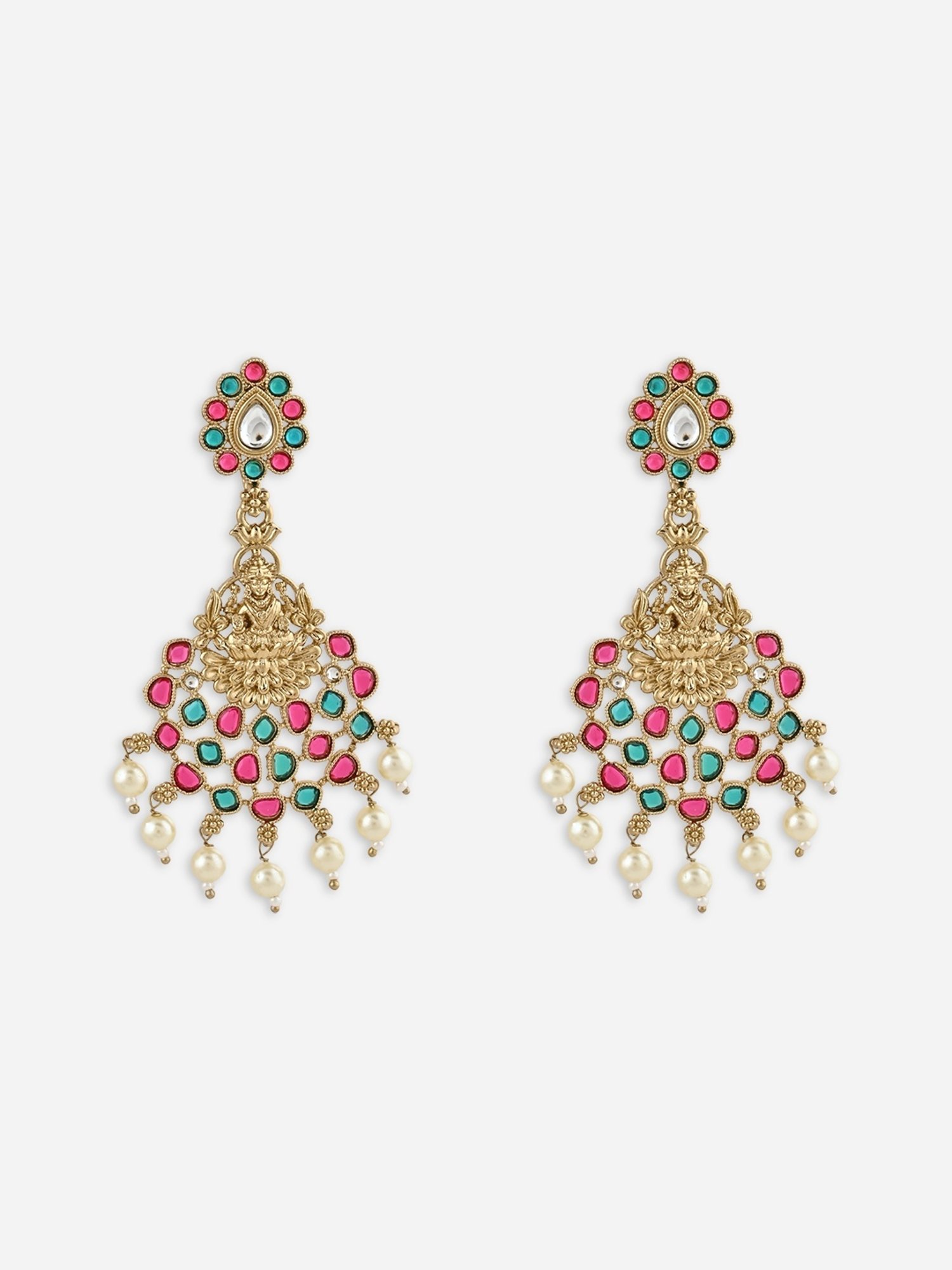 Fida Multicolor and Mehendi Gold Goddess Laxmi Pearl Temple Dangler Earrings for Women
