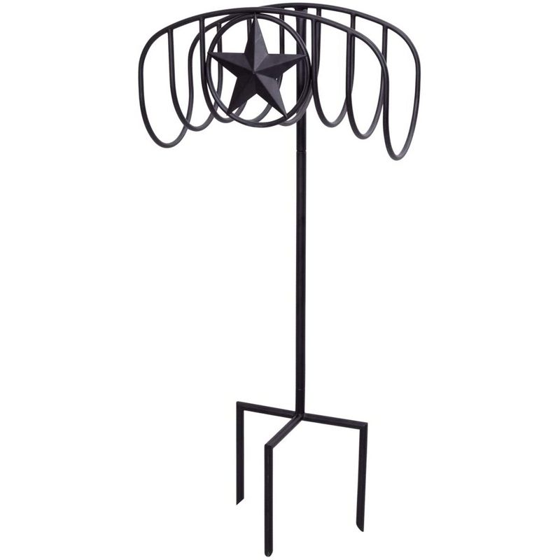 Liberty Garden Decorative Manger Style Water Hose Stand Holder Hanger with Black Star Design for Yard with Heavy Duty 3 Prong Anchor Support, Black