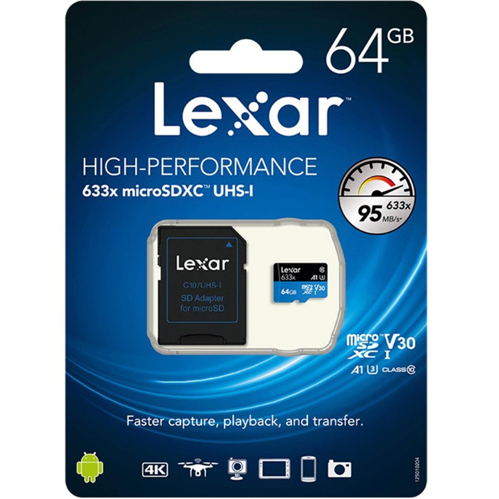 Lexar High Performance 64GB MicroSD XC Memory Card 633x UHS-I Class 10 LSDMI64GBBAP633A with Adapter and Mini MemoryMarket MicroSD Memory Card reader