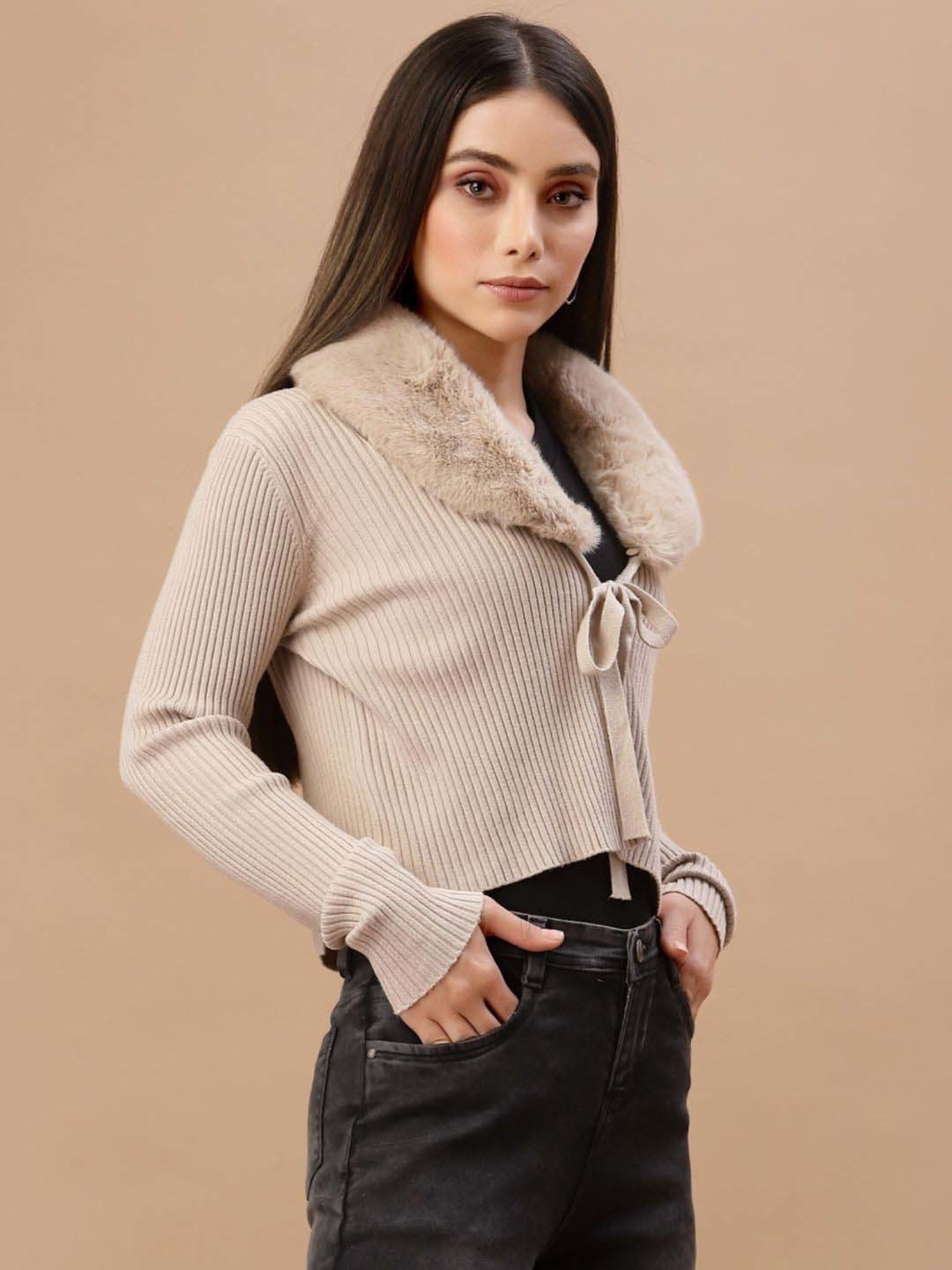 Mafadeny Beige Plain Cropped Cardigan