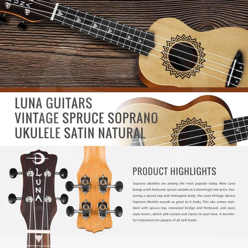 Luna Vintage Spruce Soprano Ukulele Satin Natural with Guitar Care Kit Bundle