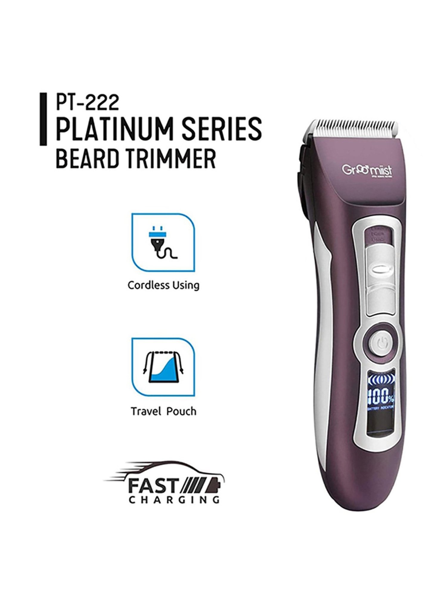 Groomiist PT-222 Platinum Series Cordless Beard Trimmer - 300 Min Runtime (Brown and Ivory)