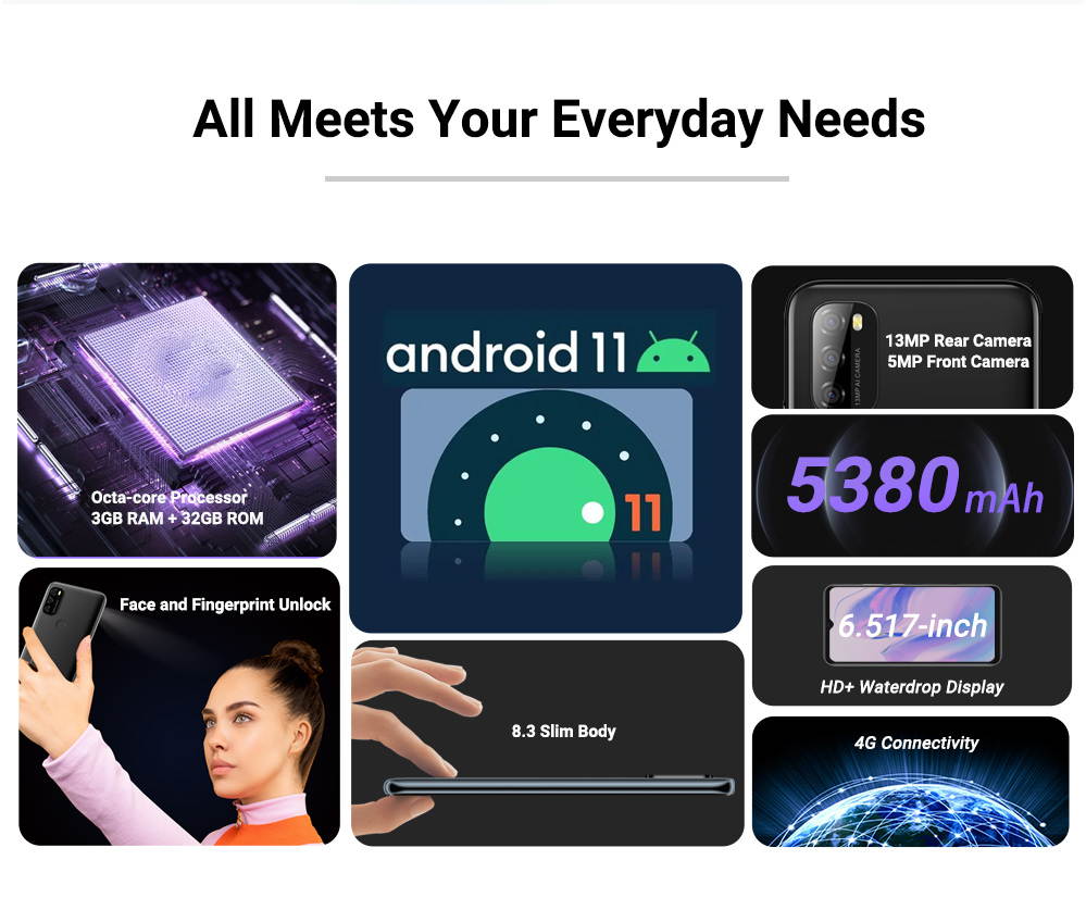 Blackview A70 mobile, 3GB + 32GB, 5380mAh, Android 11.0, Octa Core, 4G, 6.51 "HD + 13MP Rear camera, Facial ID, Fingerprint recognition