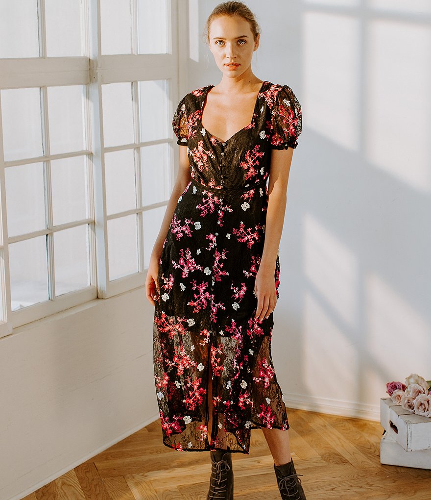 Shabby Chic Ruby Puffed Sleeve Embroidered Floral Lace Midi Dress