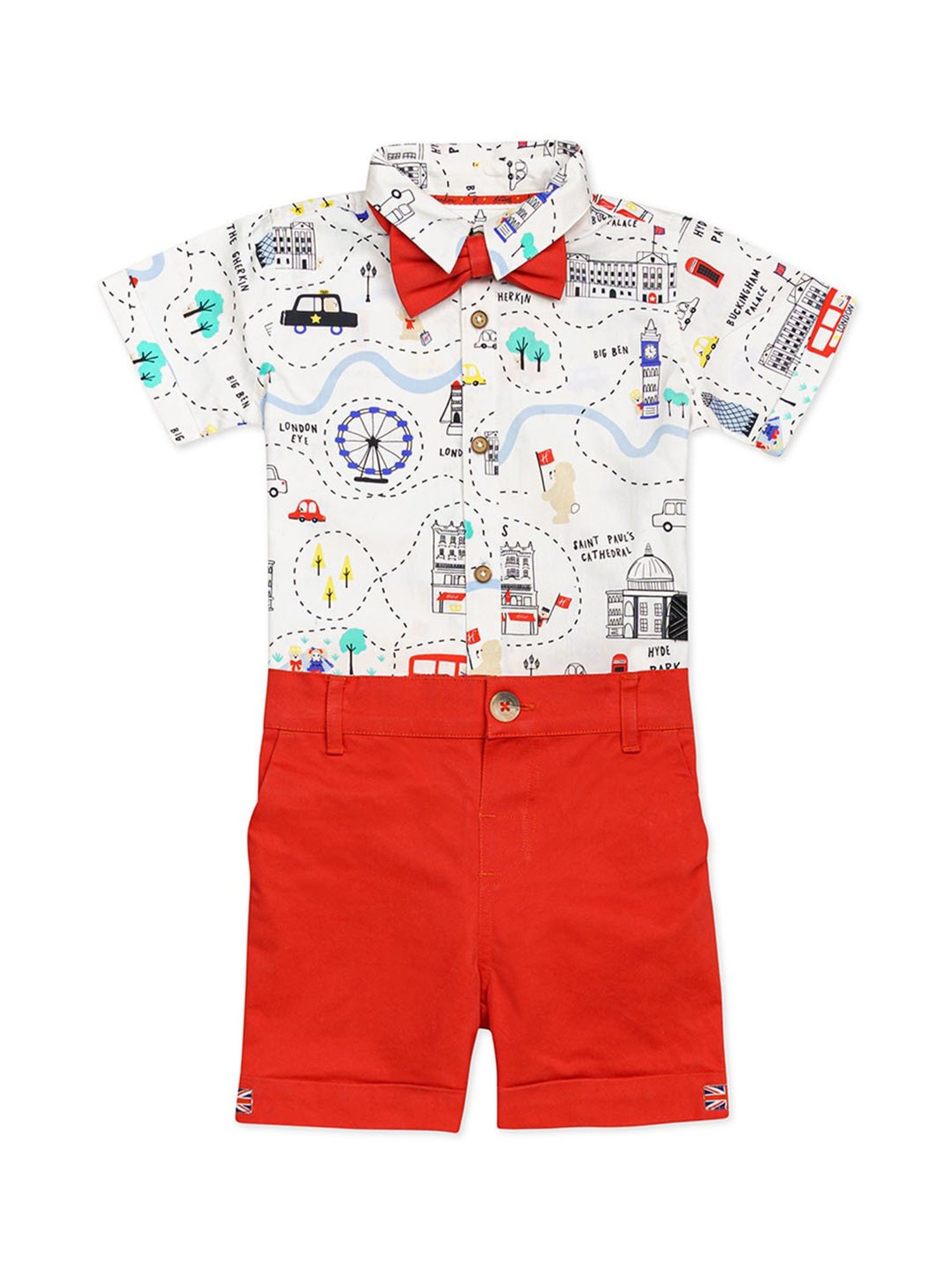 H by Hamleys Kids White & Red Printed Shirt, Shorts with Bow