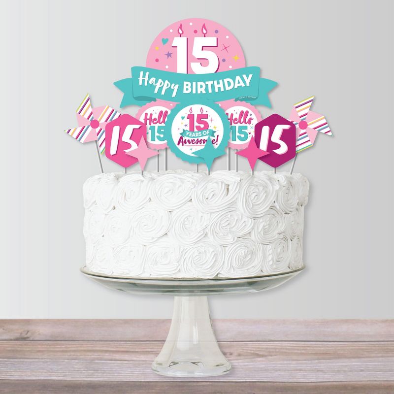 Big Dot of Happiness Girl 15th Birthday - Teen Birthday Party Cake Decorating Kit - Happy Birthday Cake Topper Set - 11 Pieces