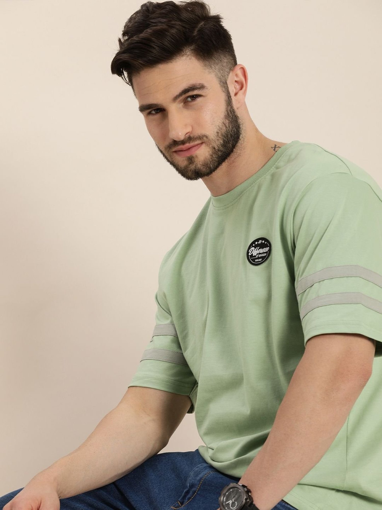 Difference Of Opinion Green Cotton Loose Fit Striped T-Shirt