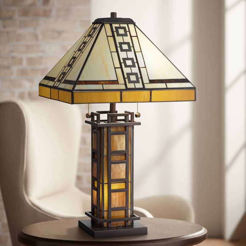 Robert Louis Tiffany Mission Table Lamp with Nightlight LED Oil Rubbed Bronze Amber Stained Art Glass Shade Living Room Bedroom