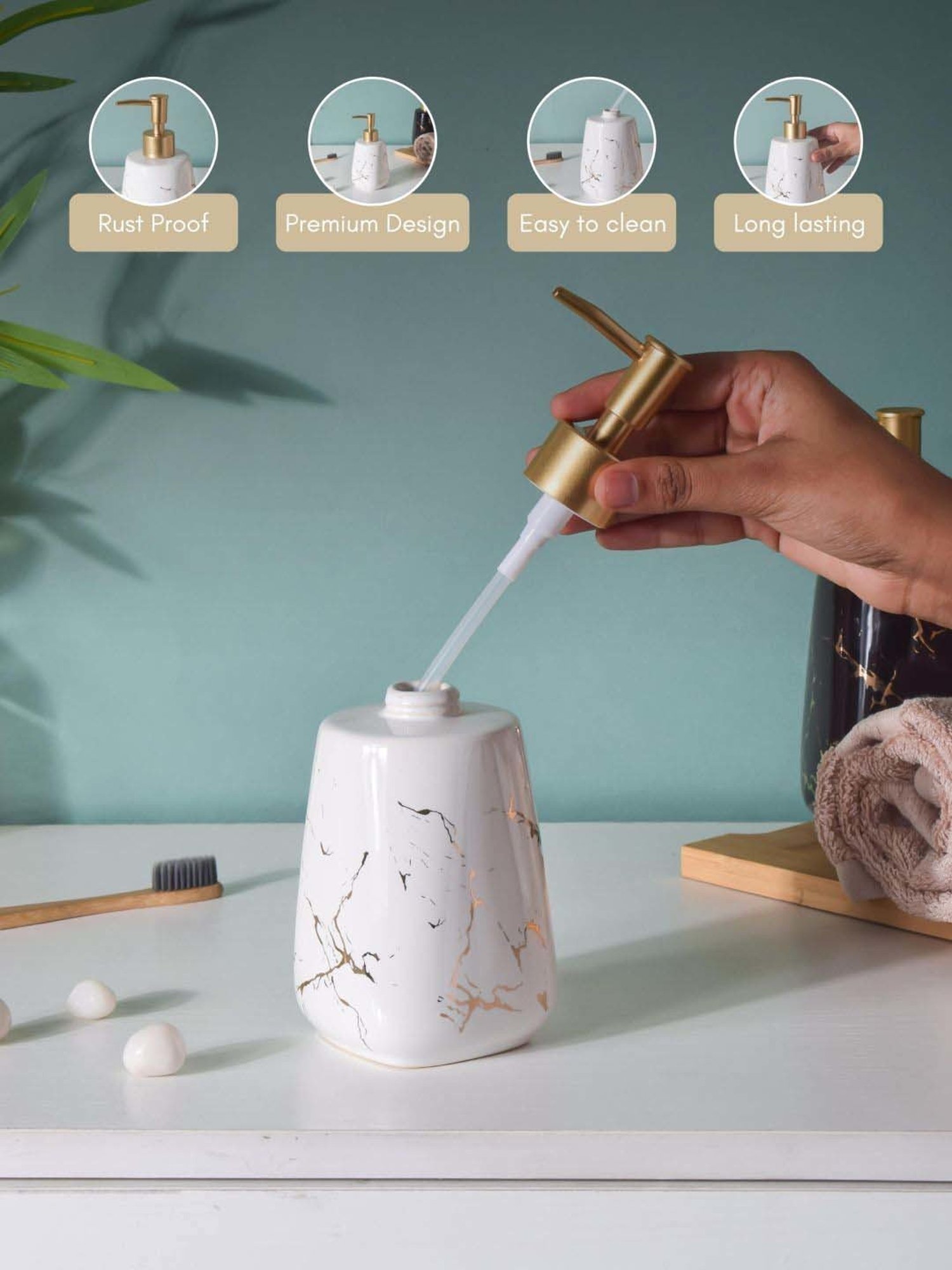 Nestasia ceramic durable marble finish white Liquid soap dispenser for Bathroom & Wash Basin(350 ml)