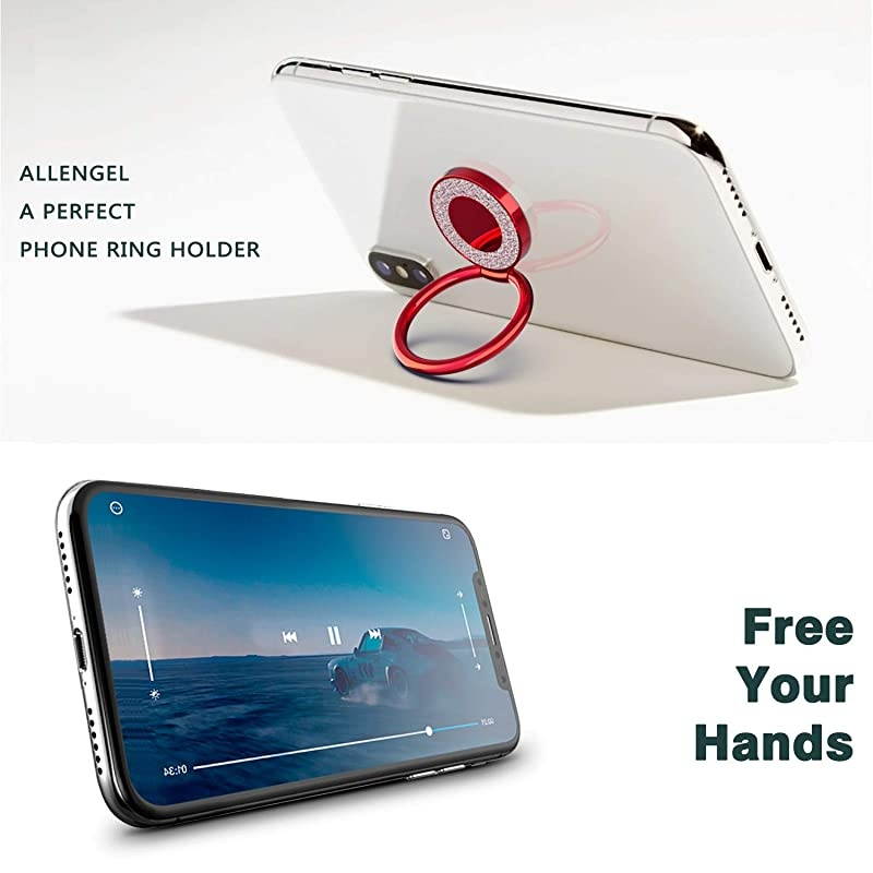 Cell Phone Ring Holder, 360 Rotation Bling Metal Finger Kickstand Phone Grip for Magnetic Car Mount Compatible with Smartphone(Lucky Red)