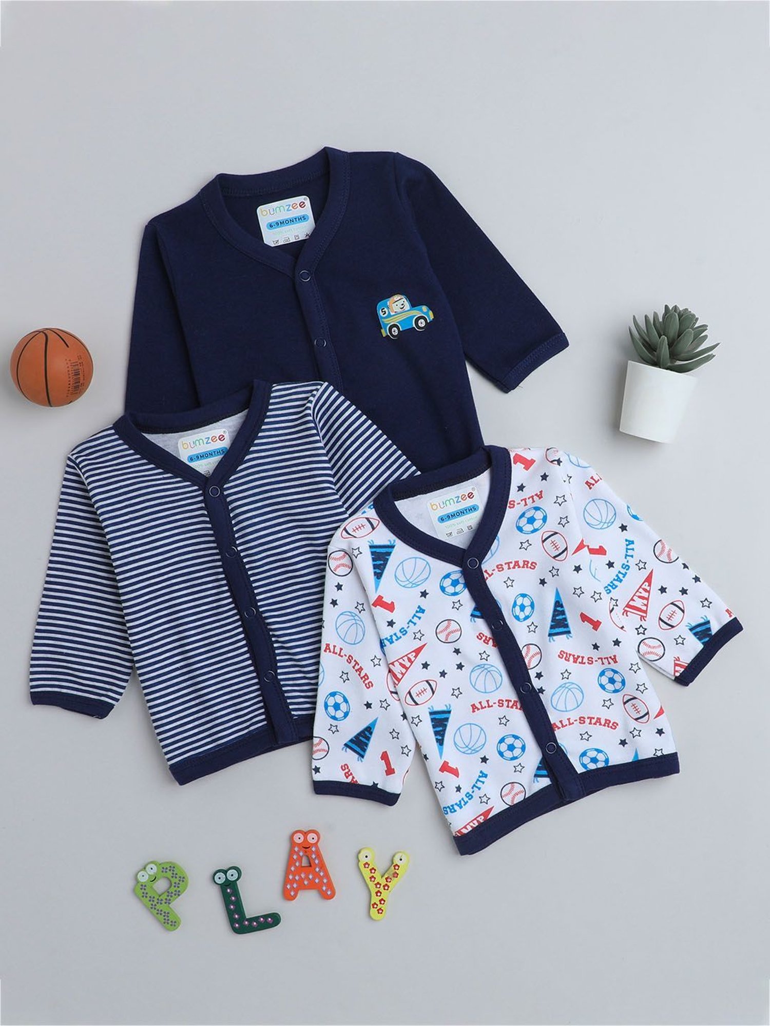 Bumzee Kids Navy & White Printed Full Sleeves Jhablas (Pack Of 3)