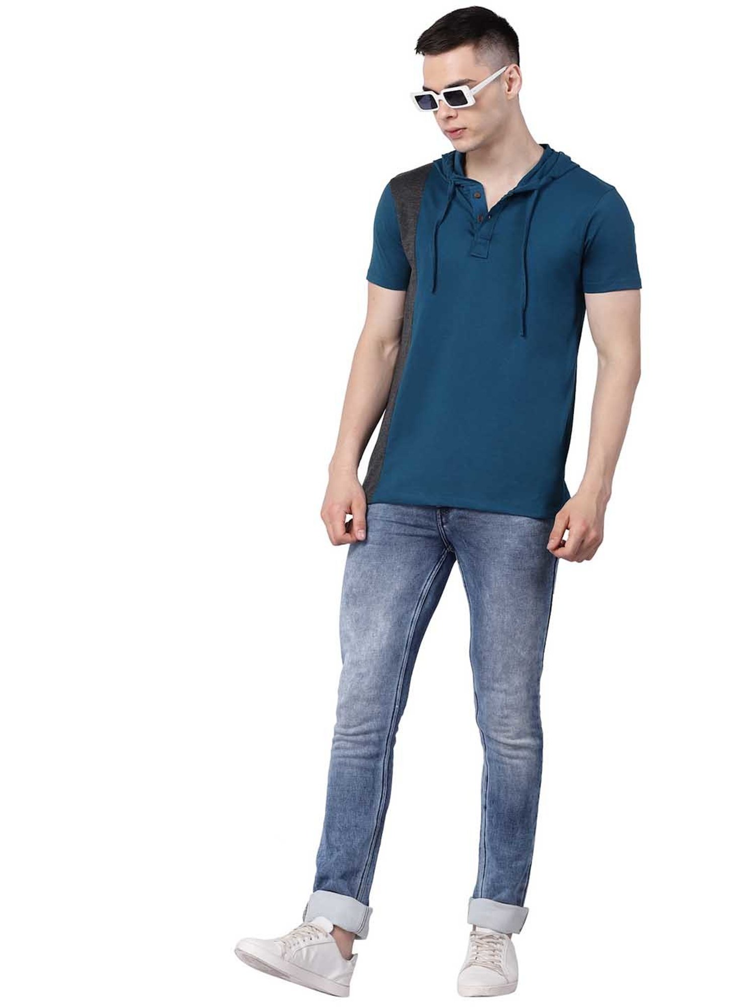 Kalt Teal Regular Fit Hooded T-Shirt