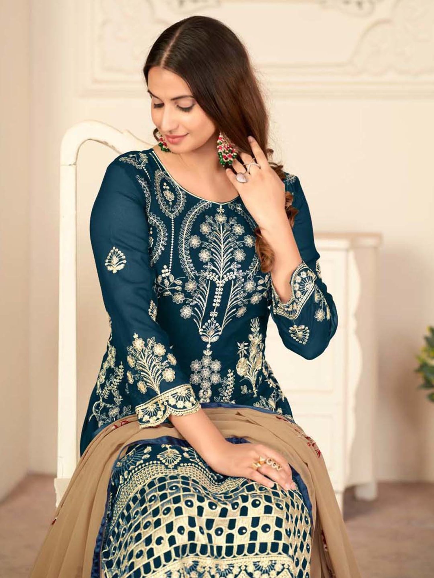 Warthy Ent Blue Embroidered Semi Stitched Dress Material