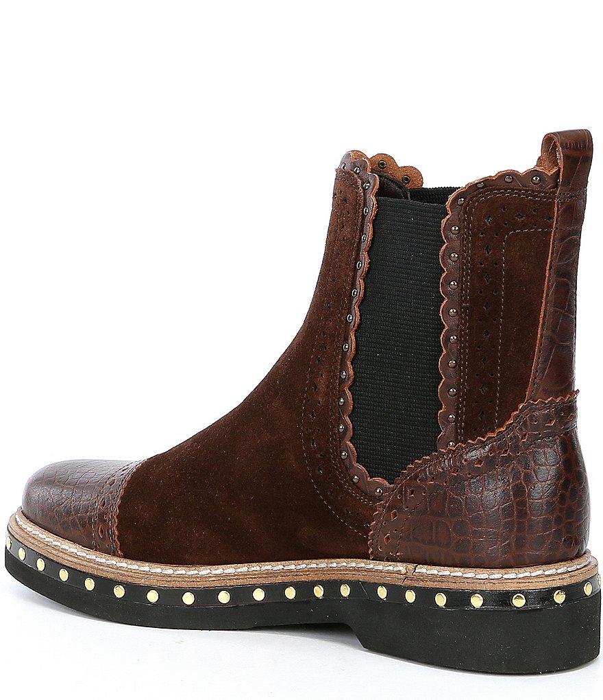 Free People Atlas Suede Croco Printed Cap Toe Studded Chelsea Booties