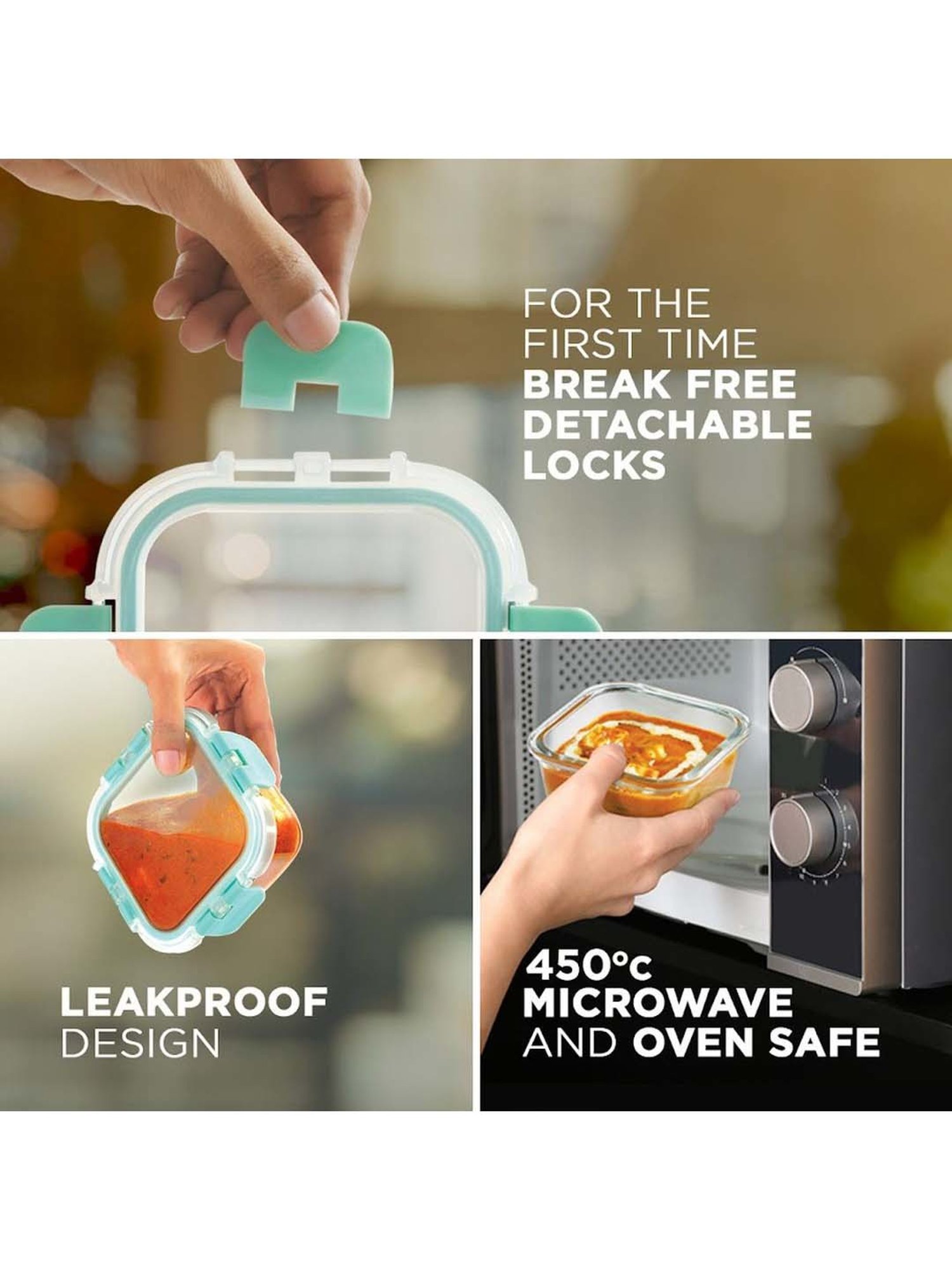 Allo Borosilicate Glass Lunch Box Microwave Oven Safe With Detachable Lock and Space Blue Tiffin Bag