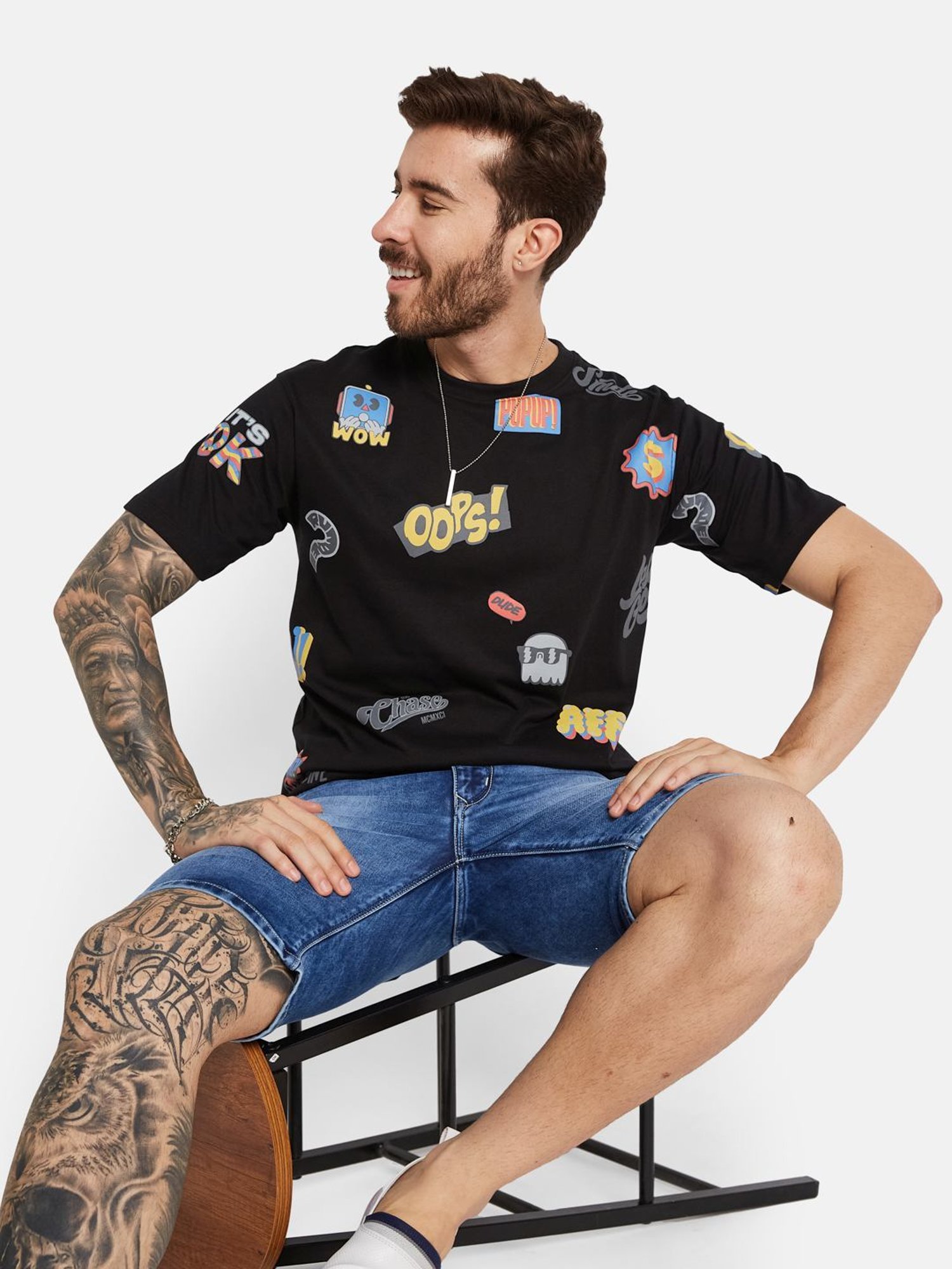 Octave Black Cotton Regular Fit Printed T-Shirt