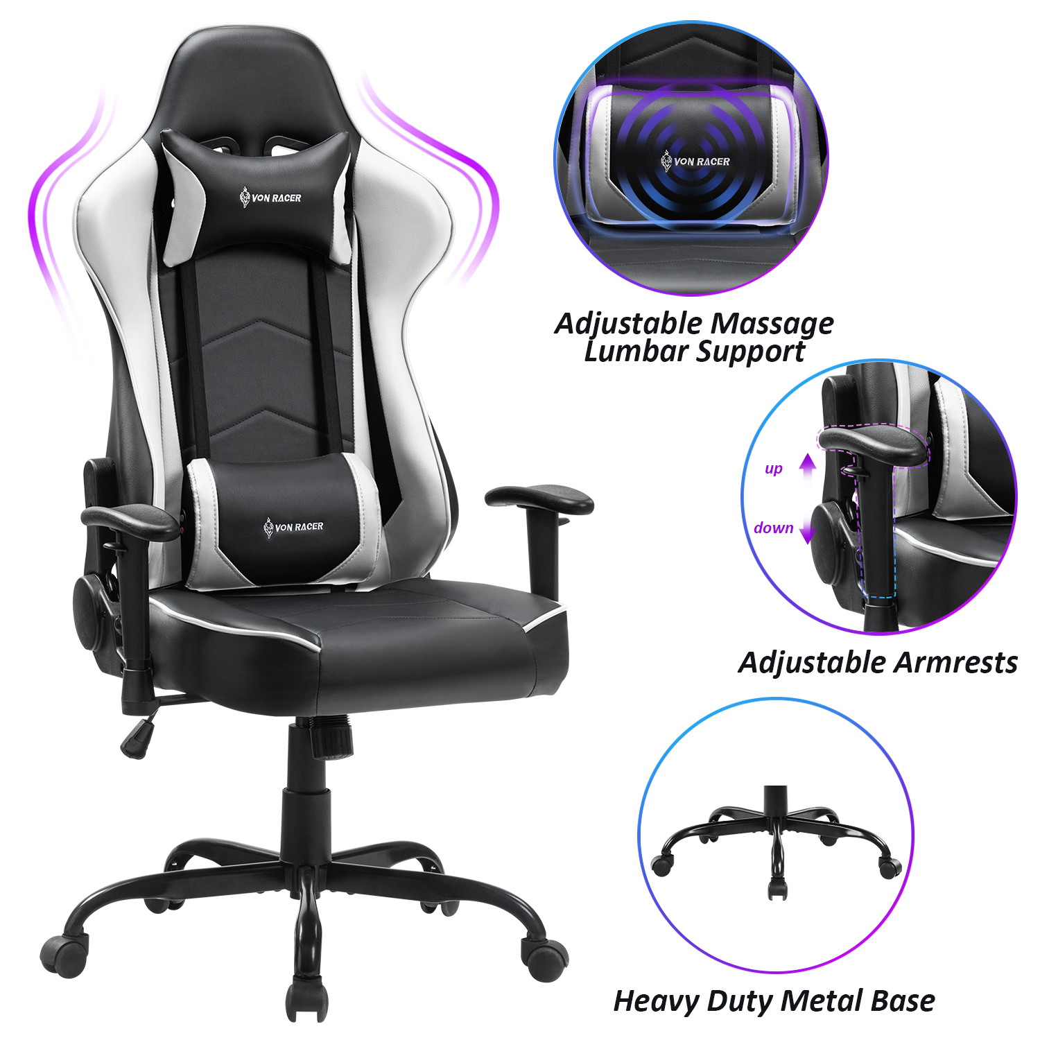 Gaming Chair, Racing Style Computer Desk Chair Padded Armrests Ergonomic Lumbar Support Adjustable Height