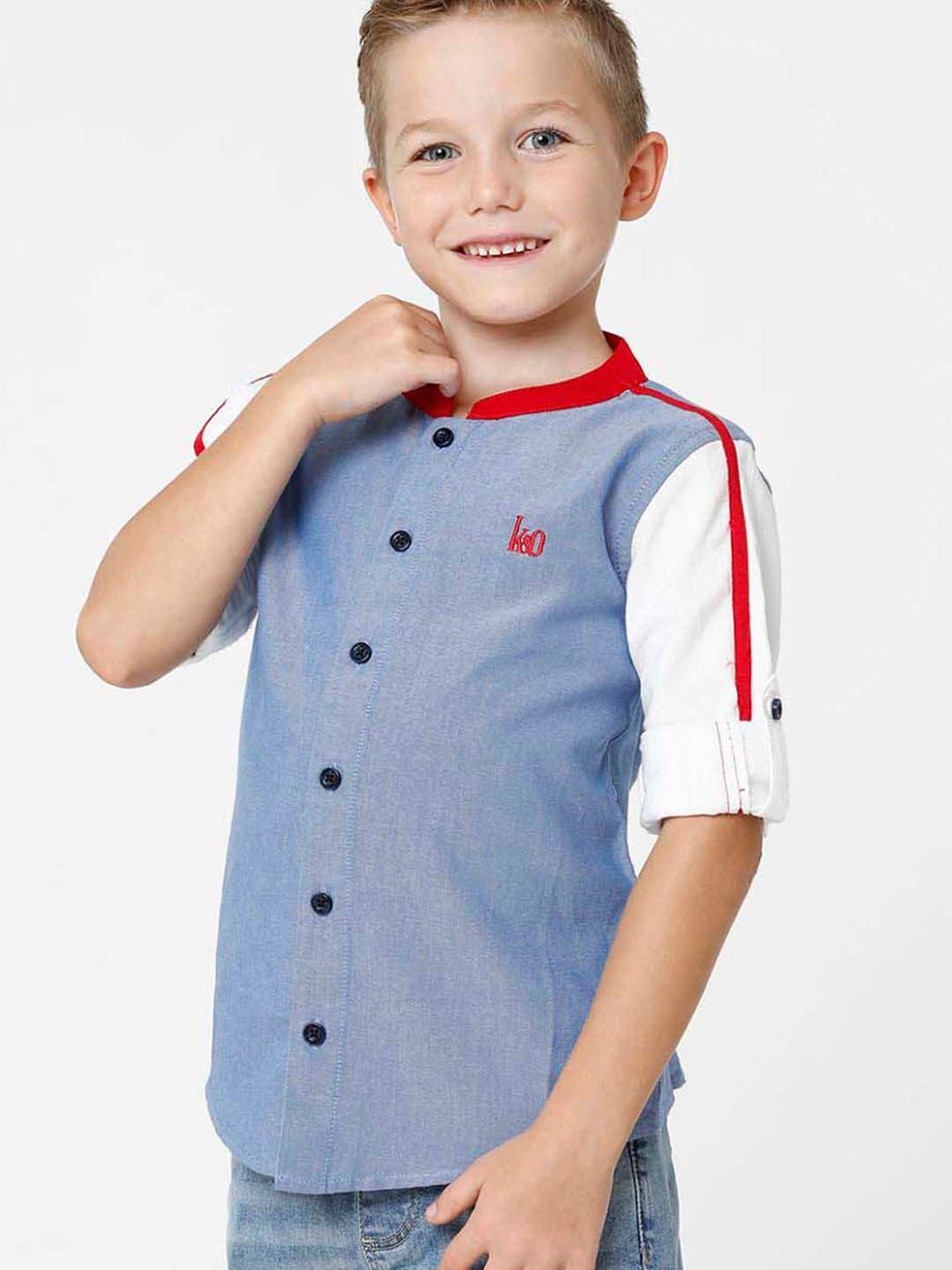 Kate & Oscar Kids Blue & White Cotton Embroidered Full Sleeves Shirt