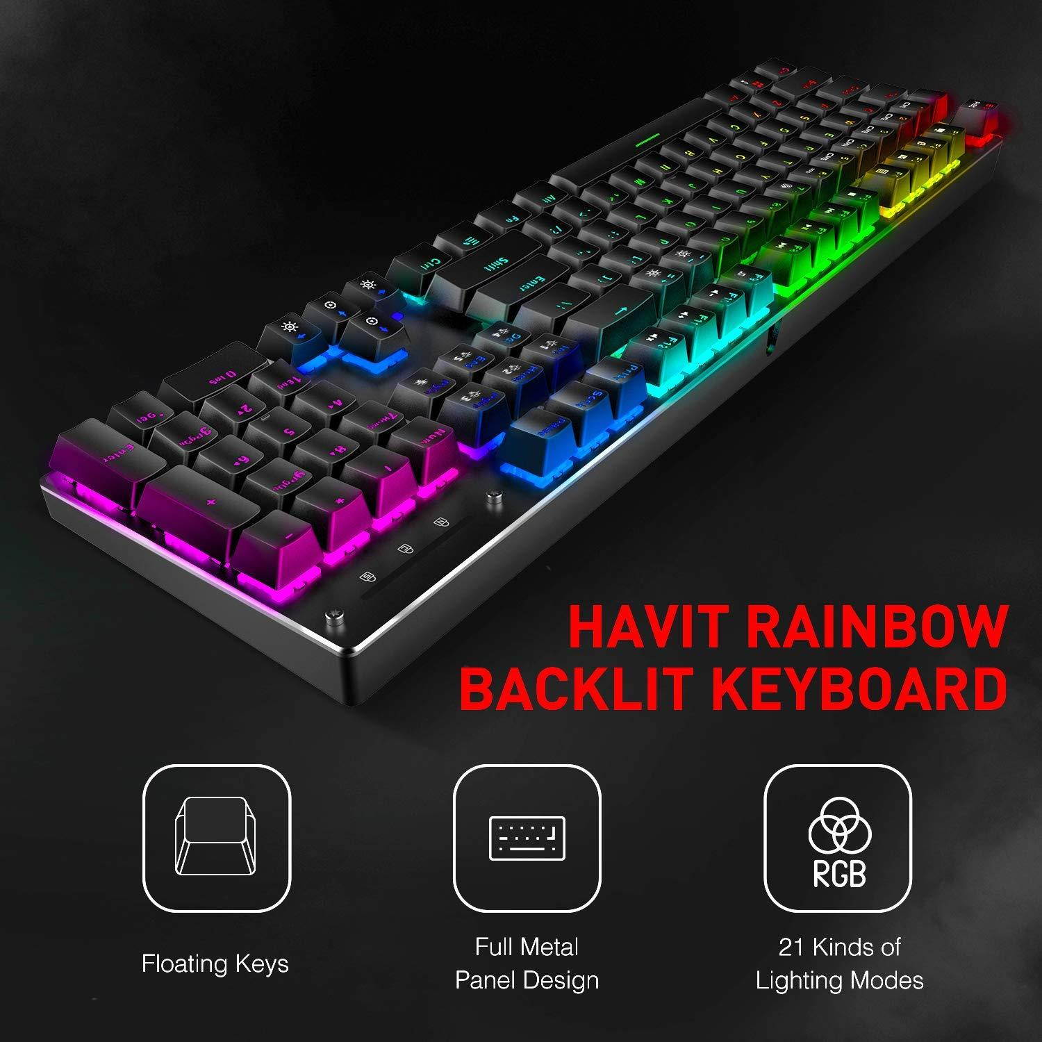 Havit Mechanical Gaming Keyboard and Mouse Combo Blue Switch 104 Keys Rainbow Backlit Keyboards, 4800DPI 7 Button Mouse Wired for PC Gamer Computer Laptop